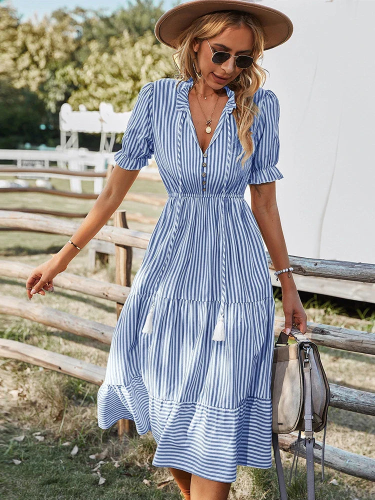 Maya | Sukienka V-Neck w Paski z Frędzlami