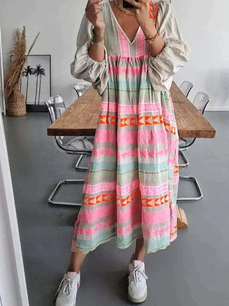 Cassandra | Boho Wzorzysty Sukienka z Dekoltem w Serek